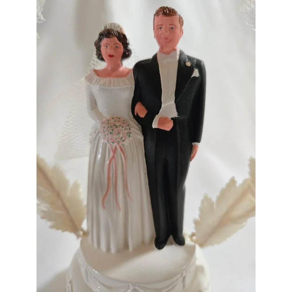 1950's Wedding Cake Top Trojan Weddings Blue White Velum Antique